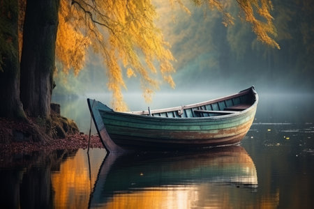 Tranquil lake at dawn. serene reflections of a wooden boat showcasing natures beautyの素材