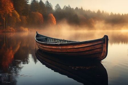 Tranquil reflections. wooden boat on peaceful lake at dawn, showcasing natural beautyの素材