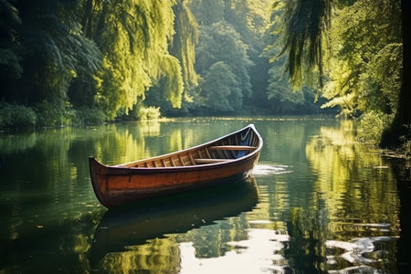 Tranquil reflections. wooden boat on a peaceful serene lake at dawn, showcasing natures beautyの素材