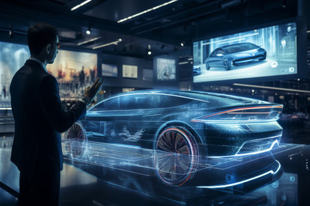 Automotive engineer at futuristic assembly line using advanced technology for car manufacturingの素材