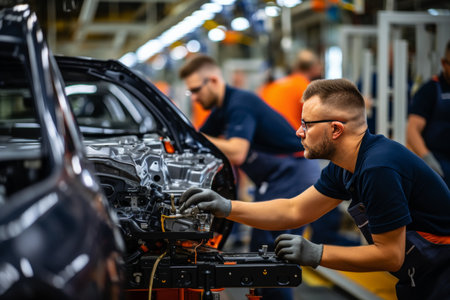 Automotive engineer utilizing advanced technology in futuristic car assembly lineの素材