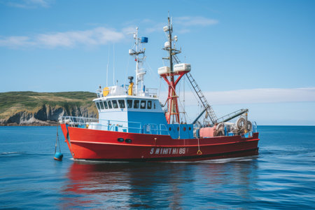 Colorful fishing boat sailing across the vast sparkling ocean, catching fish for a bountiful harvestの素材