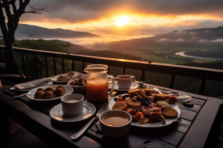 Spectacular breakfast at mountain peak surrounded by majestic clouds and rising sunの素材