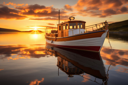Traditional fishing boat on the open sea catching a large haul of fish in the early morning lightの素材