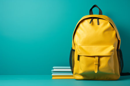 Colorful school backpack with stack of books on blue background - back to school conceptの素材
