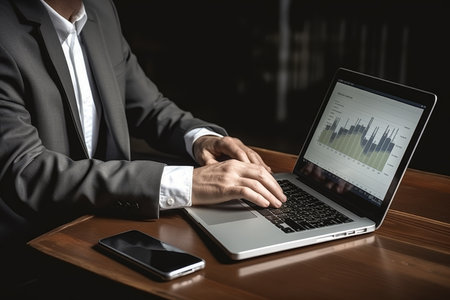 Businessman working on laptop with chart on screen, hand on table â technology conceptの素材