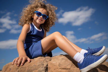 Attractive curly haired caucasian woman in blue bikini and sunglasses relaxing on beach rockの素材
