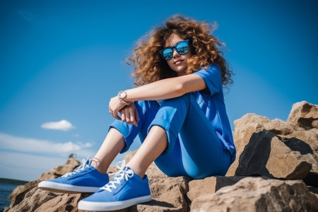 Curly girl in blue bikini and sunglasses sitting on beach rock - low angle studio photographyの素材