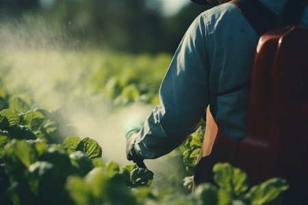 Agricultural land crop spraying on a sunny day in rural area with vibrant sunshineの素材