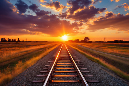 Captivating railway track vanishing into the picturesque horizon during an enchanting golden sunsetの素材