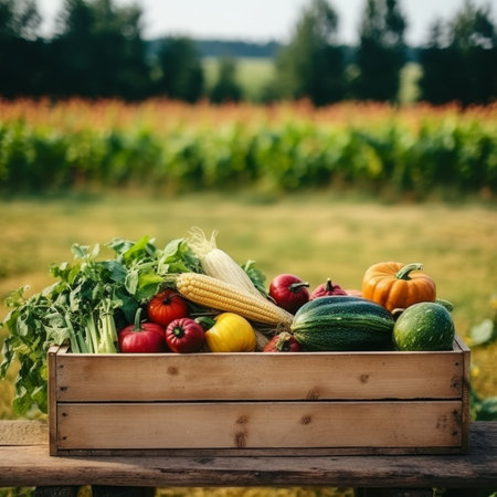 Harvest vegetable wooden box on farm field, october festivals thanksgiving bannerの素材