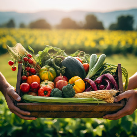Harvest vegetables in wooden box on green farm field, banner for October festivalsの素材