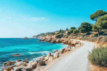 Stunning coastal motorway with spectacular views of the seashore on a bright and sunny dayの素材