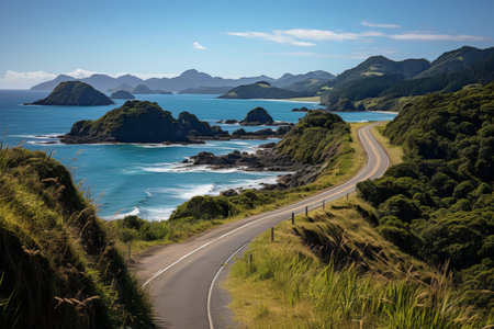 Breathtaking scenic motorway running along the idyllic seashore on a bright and sunny dayの素材