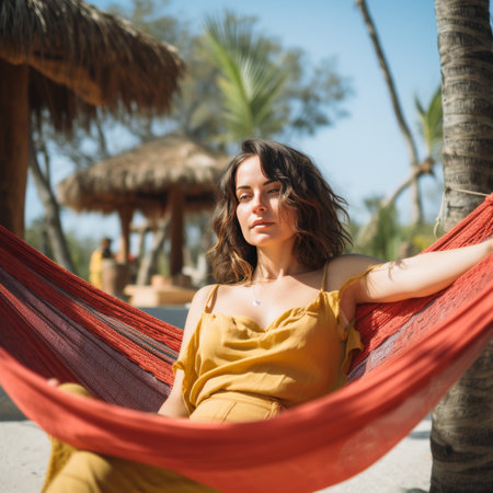 Beautiful woman lounging in a hammock between palm trees on a sunny tropical beachの素材