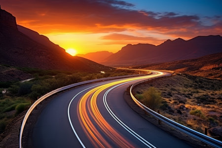 Gorgeous golden hour landscape. vibrant traffic illuminated by the setting sun on the highwayの素材