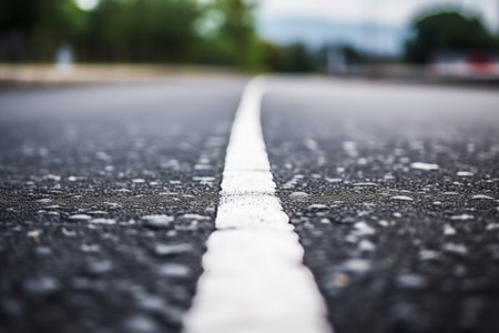 Scenic black asphalt road leading into the horizon with crisp white dividing linesの素材