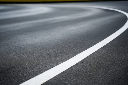 Scenic view of black asphalt road with white dividing lines running through countryside landscapeの素材
