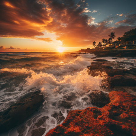 Beautiful sunrise over the serene beach in Cancun, Mexico â tropical paradise and relaxationの素材