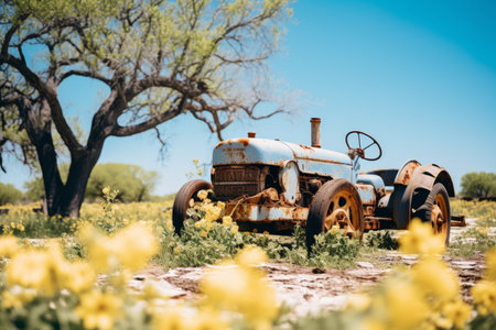 Farmer driving tractor in sunny field on bright day, agriculture worker cultivating land in sunlightの素材