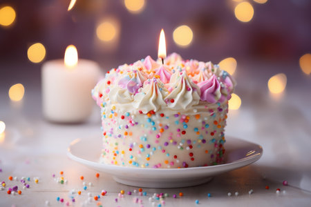 Delicious birthday cake with colorful sprinkles and ten brightly lit candles for celebrationの素材