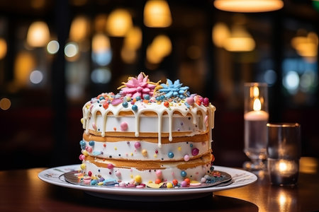 Colorful sprinkles birthday cake with ten candles - festive dessert for celebrationsの素材