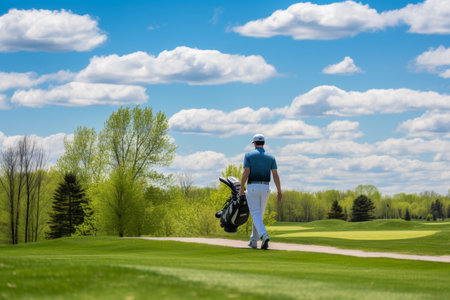 Man golfing on a beautiful sunny day at scenic golf course with clear blue skies