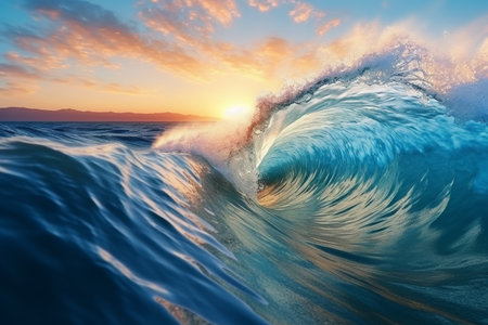 Sunrise ocean wave. serene sea water with majestic rising sun, perfect for travel and relaxationの素材