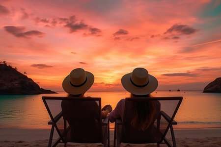 Happy couple loving the luxurious sunset on the beach during their relaxing summer vacationの素材
