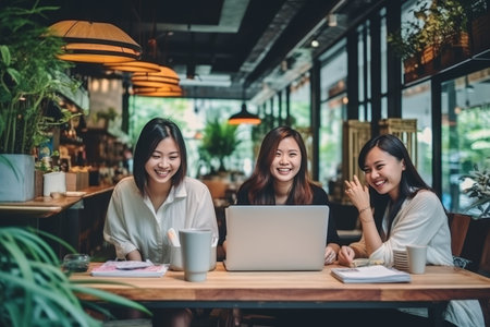 Multiethnic group of women collaborating together at a cozy coffee shop workspaceの素材