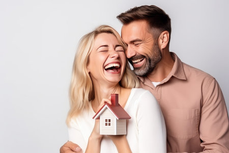 Happy couple dreaming together of their new home against a serene white backgroundの素材