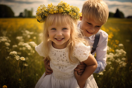 Happy parents with children riding piggyback on a bright sunny day in the outdoorsの素材