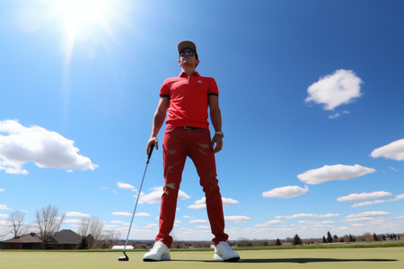 Enjoying a round of golf on a beautiful, bright, and sunny day at the golf courseの素材