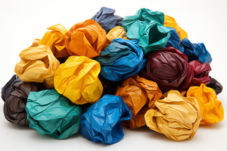 Colorful crumpled paper sheets on white background, abstract texture for creative design projectsの素材