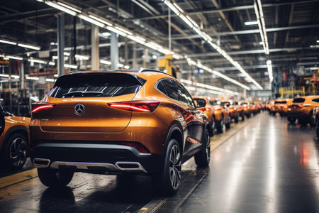 Car manufacturing assembly line on white background, automotive industry conceptの素材