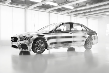 Automobile manufacturing process. passenger car assembly on white background at factoryの素材
