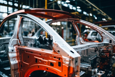 Passenger car assembly line process in an automobile factory on white backgroundの素材