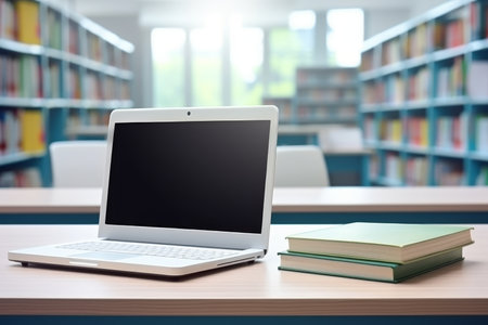 Cozy classroom laptop mockup with blank screen and school supplies for educational websitesの素材