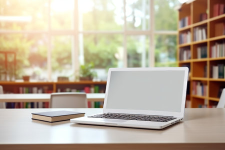 Mockup laptop with blank screen, surrounded by notebooks and textbooks in cozy classroomの素材