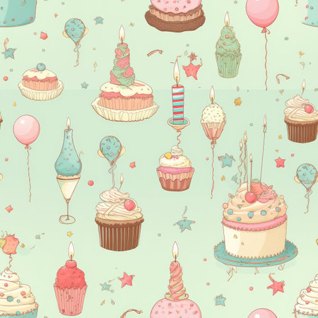 Pastel birthday pattern with festive motifs for party decor and celebration backgroundの素材