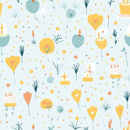 Pastel birthday pattern with festive and colorful holiday motifs for celebrations and decorationの素材