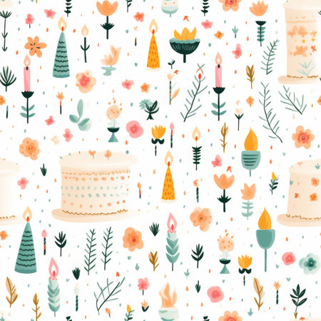Pastel birthday pattern with cheerful holiday motifs and celebration decorationsの素材