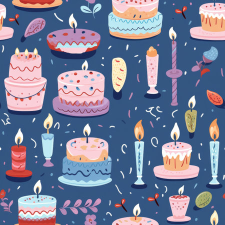 Pastel birthday pattern with festive holiday motifs for celebratory occasions and special eventsの素材