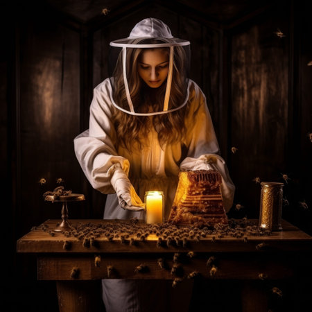 Beekeeper extracting a sweet honey frame from the beehive during harvest in the apiaryの素材