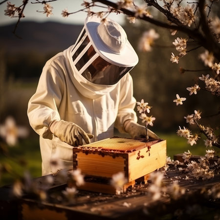 Beekeeper collecting frame of fresh honey in beehive for harvest, organic beekeeping conceptの素材