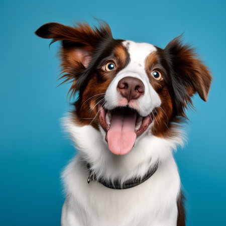 Happy smiling dog sticking out tongue, cute pet looking at camera isolated on blue backgroundの素材
