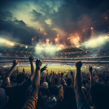 excited soccer fans celebrating victory in crowded stadium at night with energetic cheers json format. title. excited soccer fans celebrating victory in crowded stadium at night with energetic cheersの素材