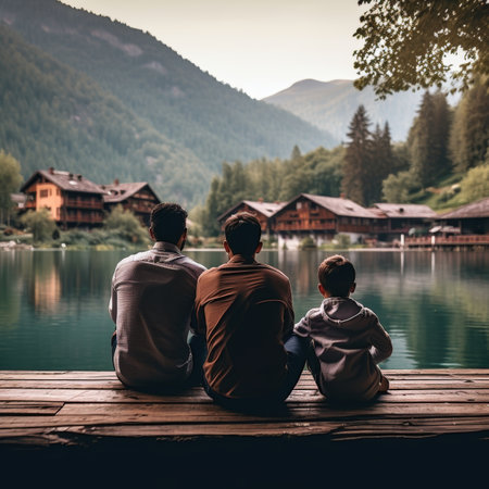 Family bonding. father and two children sitting on jetty, enjoying scenic mountain view togetherの素材