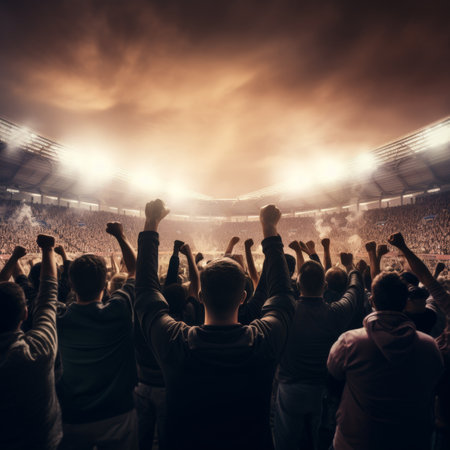 Back view of soccer fans cheering their team at night stadium, celebrating a victoryの素材