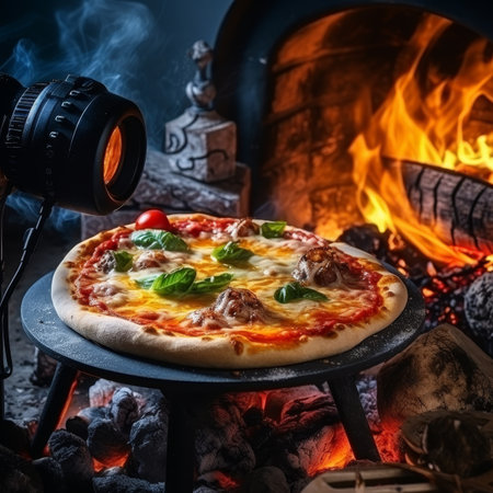 Preparing a mouth-watering extra-large pizza and baking it in the oven for a delicious homemade mealの素材